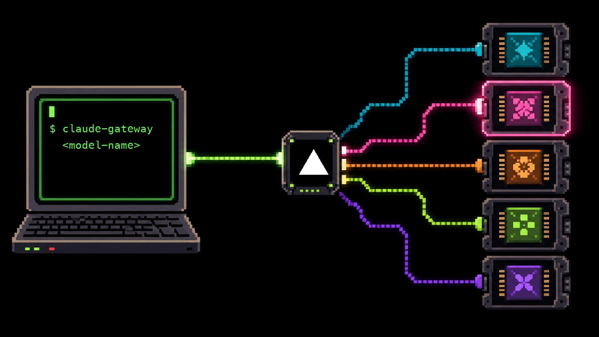 Pixel art on black showing a green terminal running claude-gateway with a model-name argument, an exact white Vercel triangle on a central selector, and five colorful model cartridges available on the right