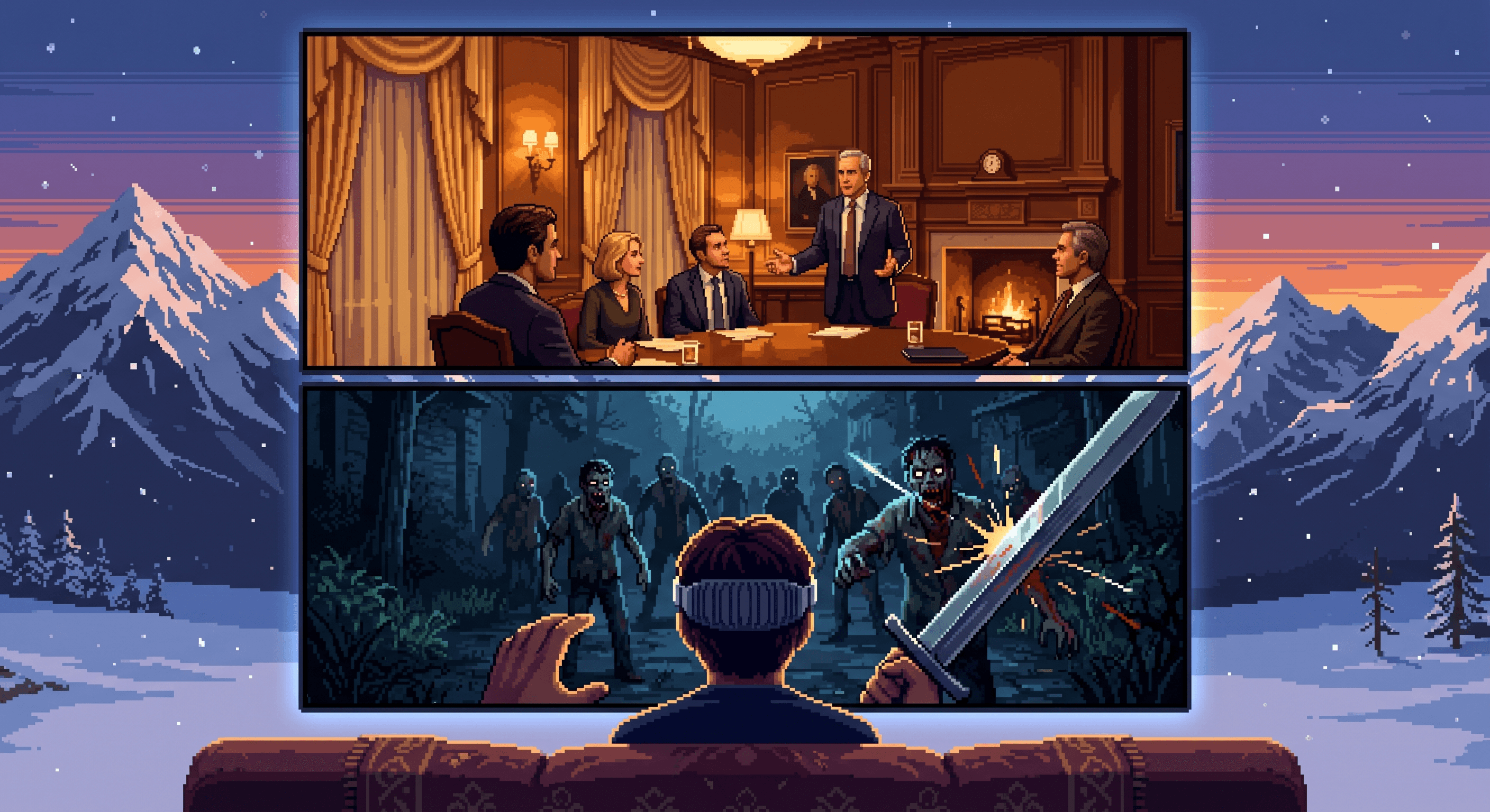 Snowy mountain environment in Apple Vision Pro with two fullscreen displays: a prestige TV drama in the top half and a first-person zombie slashing game filling the bottom half, all surrounded by snowy peaks and cold blue light