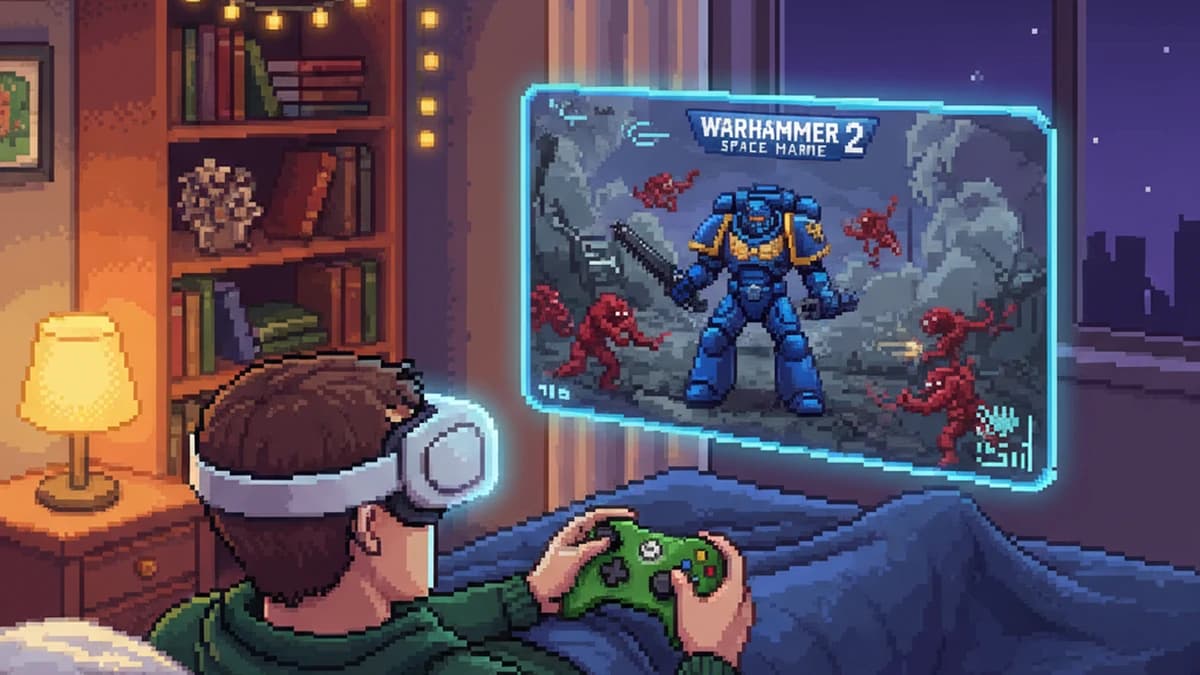 A pixel art scene showing a person lying in bed wearing Apple Vision Pro holding an Xbox controller, with Space Marine 2 gameplay visible on a massive virtual screen overhead, while downstairs a gaming PC with blue LED lighting streams via Steam Link over Wi-Fi