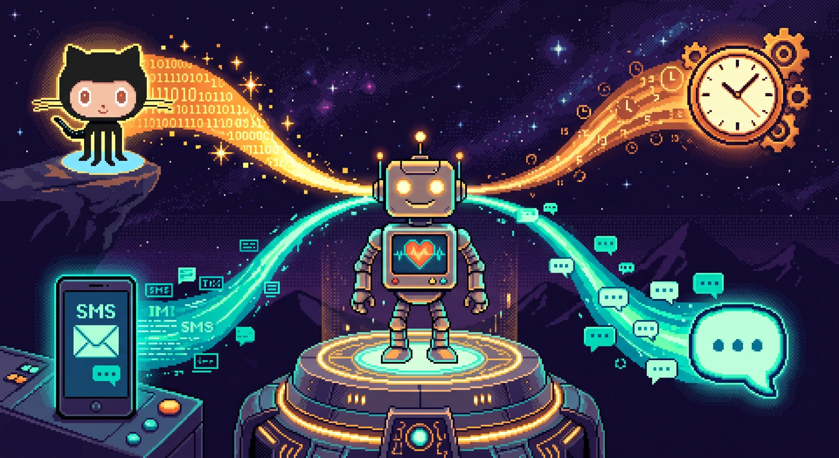 Pixel art of a central robot on a platform receiving glowing data streams from multiple sources: GitHub, SMS, cron, and chat