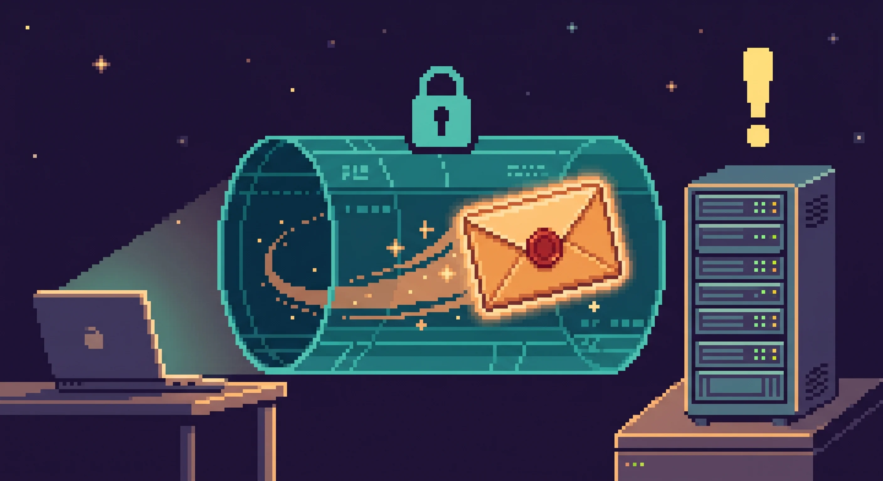 Pixel art of a sealed glowing envelope with a wax seal flying through a shielded tunnel between a laptop and a server, with an exclamation mark showing the server woke up