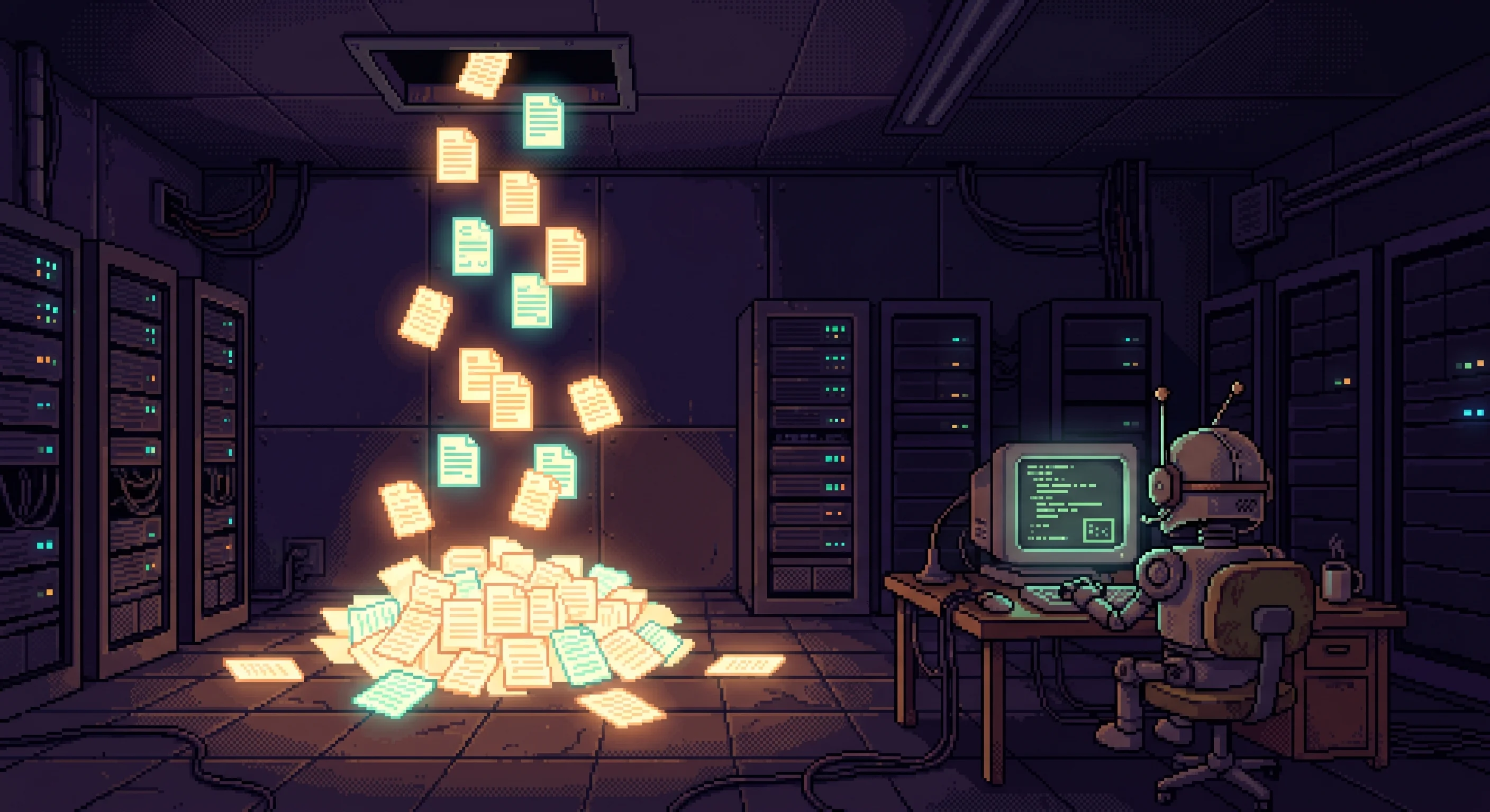 Pixel art of glowing document files piling up on a server room floor while a robot sits at a desk unaware, facing the other direction