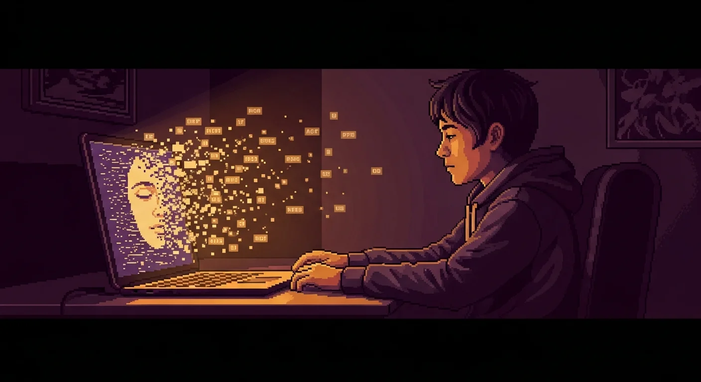 Pixel art of a person at a desk whose reflection in a laptop screen is fragmenting into drifting pixels and data streams