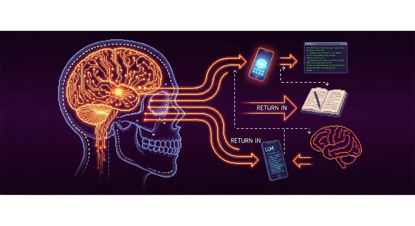 Pixel art of a brain in cross-section with neural pathways as glowing circuits, arrows flowing out to external systems like a phone, notebook, and LLM terminal, and back in through a dotted permeable skull boundary