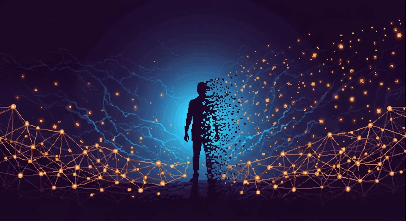 Pixel art of a silhouetted figure standing at the center of a vast network of glowing amber nodes and indigo lightning, the figure dissolving into particles at the edges