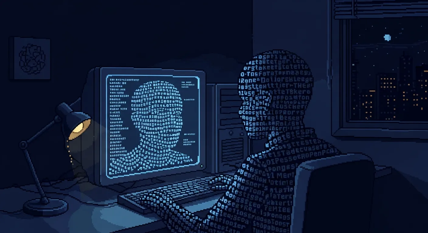 Pixel art of a person composed of scrolling text sitting at a glowing monitor late at night, their reflection in the screen made of the same text forming a face