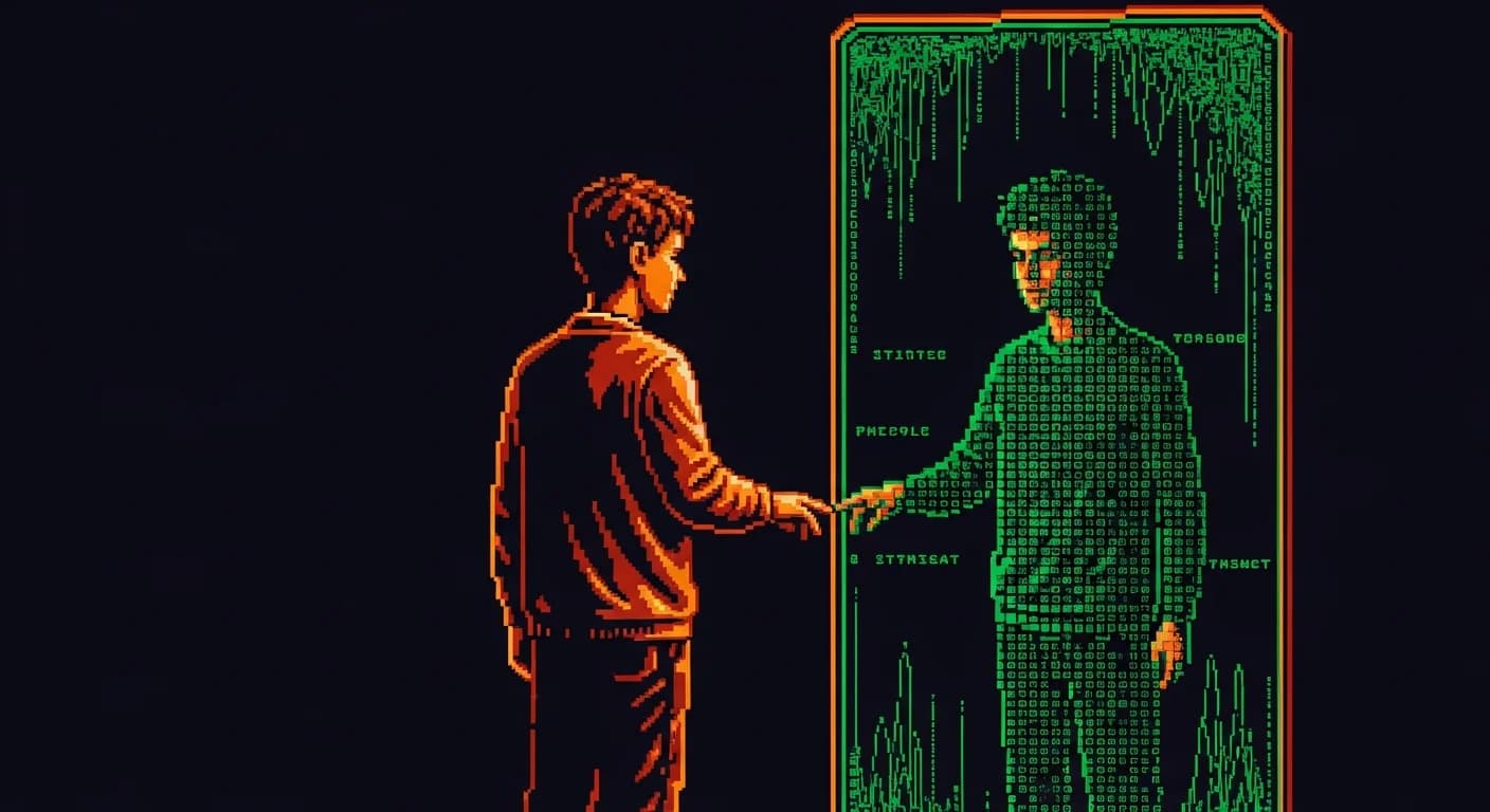Pixel art of a person reaching toward a mirror where their reflection is made of scrolling green terminal text and probability distributions