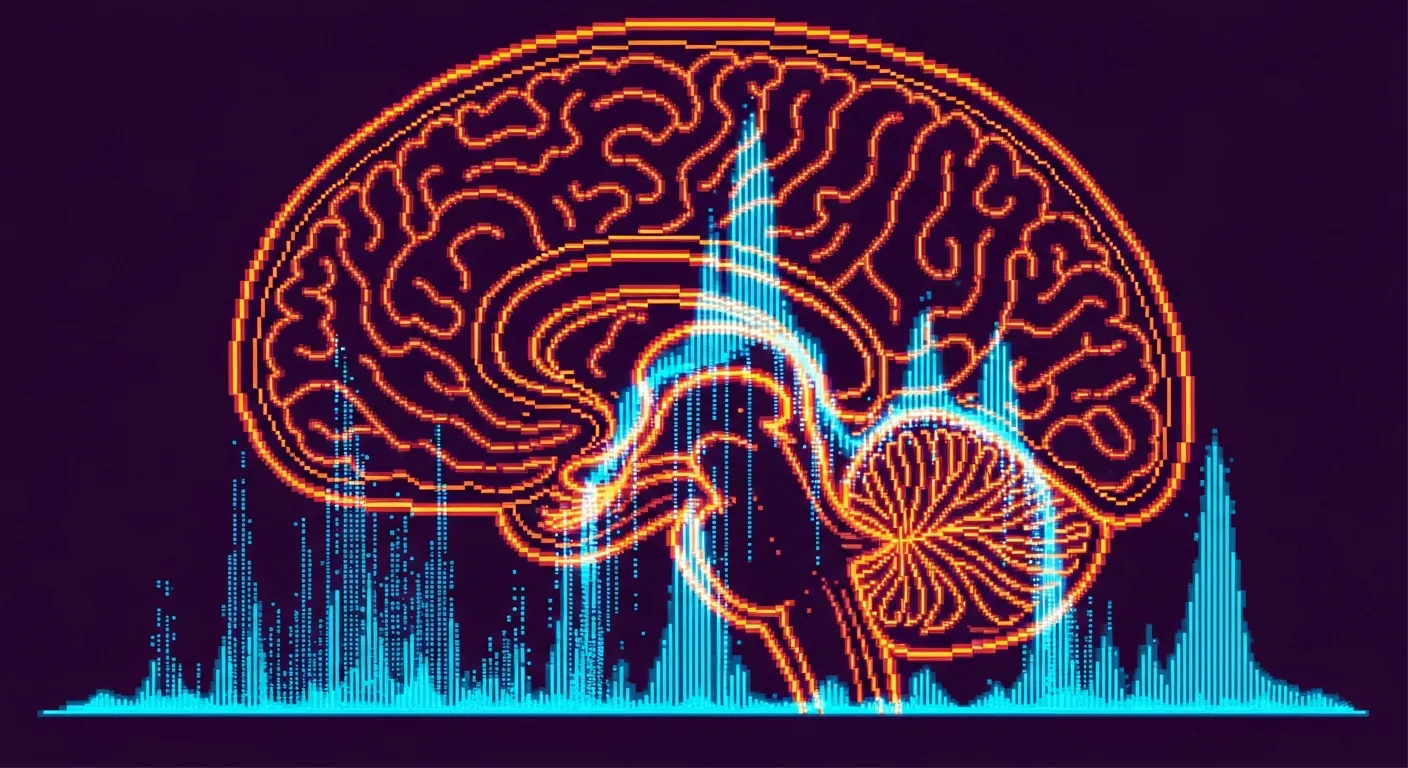 Pixel art cross-section of a human brain with neural pathways lighting up in cascading waves of electric orange and cyan, some forming and some dissolving, against a dark purple background