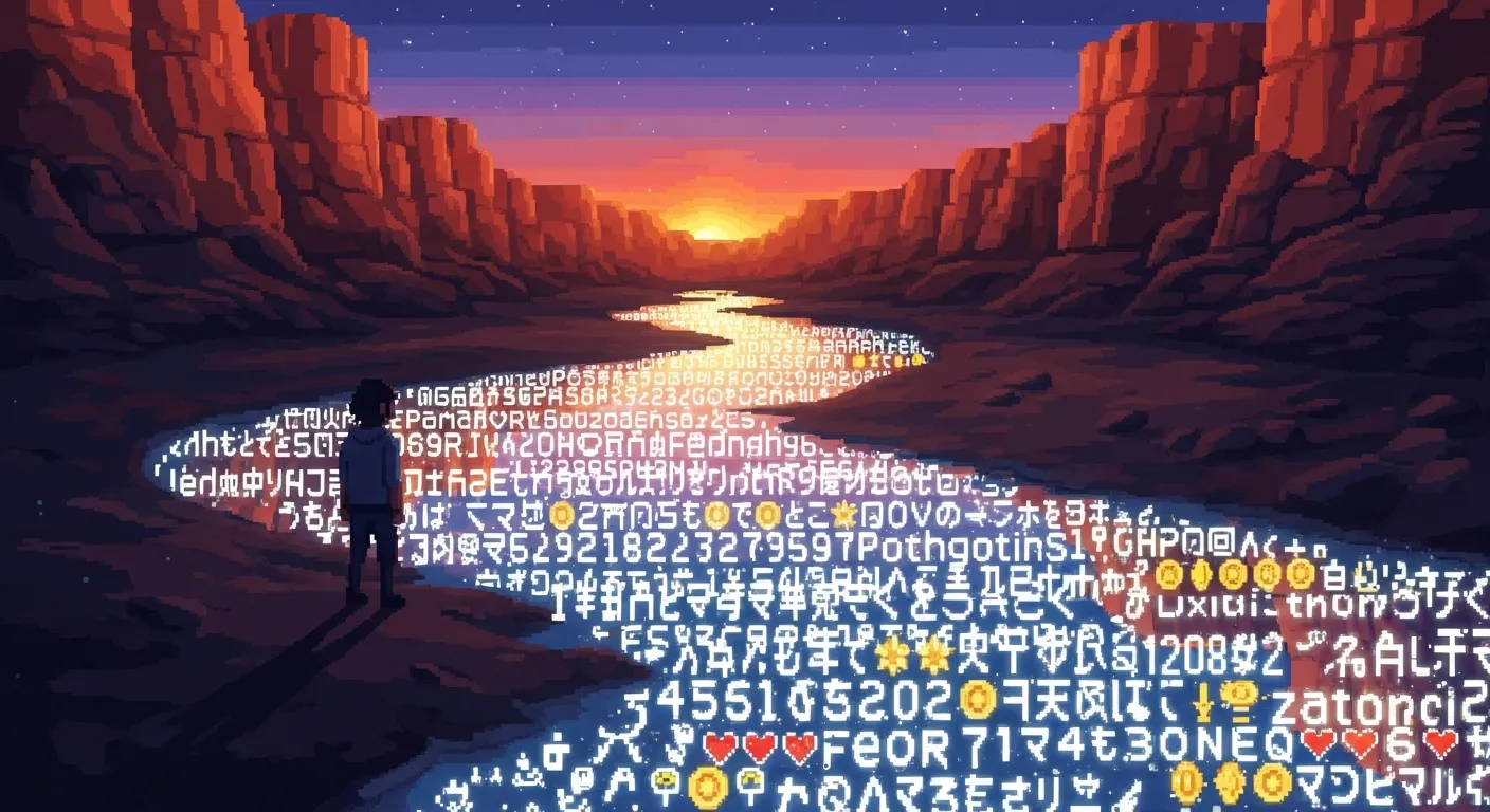 Pixel art of a person standing on a canyon bank at twilight looking down at a river made of glowing words and symbols, their reflection constantly shifting and reforming in the flowing text