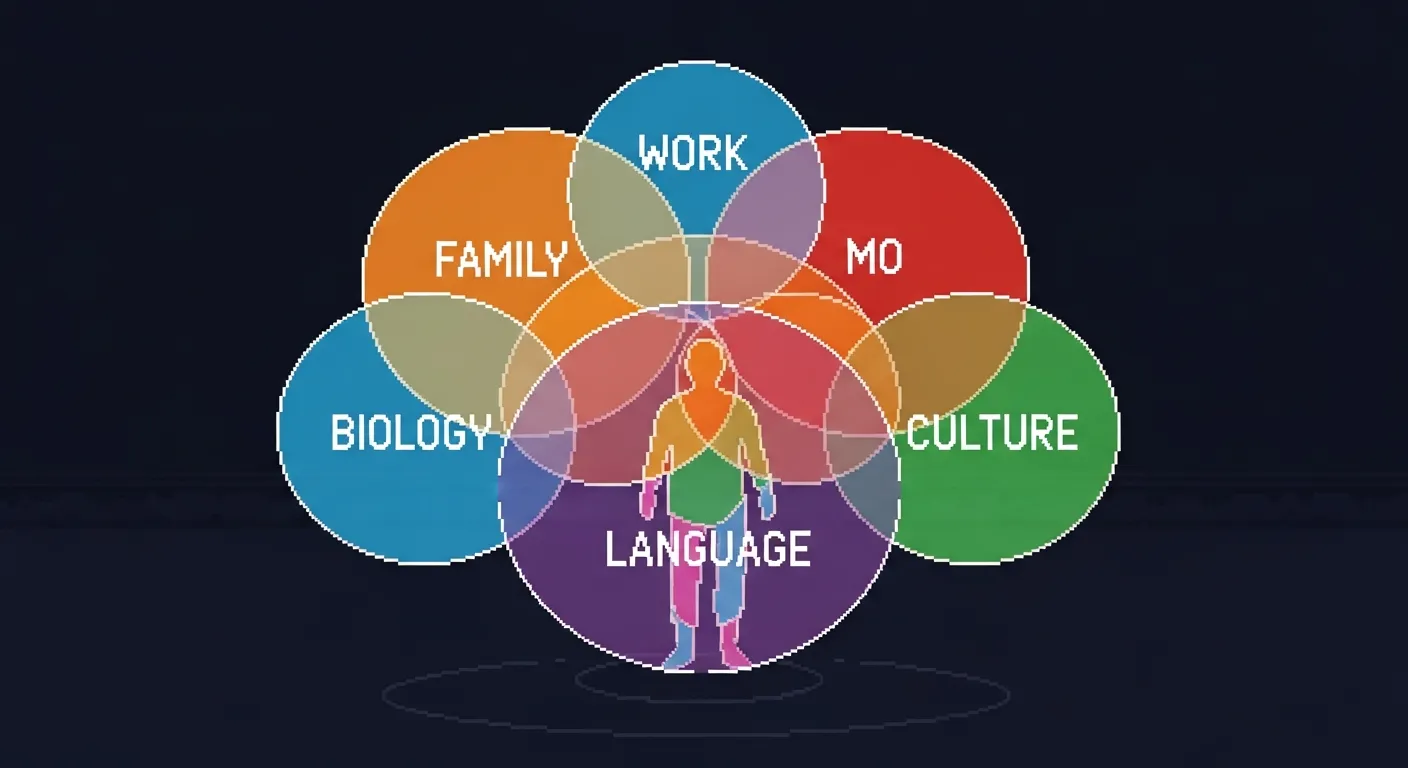 Pixel art of a human figure standing where overlapping translucent circles labeled Work, Family, Biology, Culture, and Language meet, the figure composed of the overlap colors