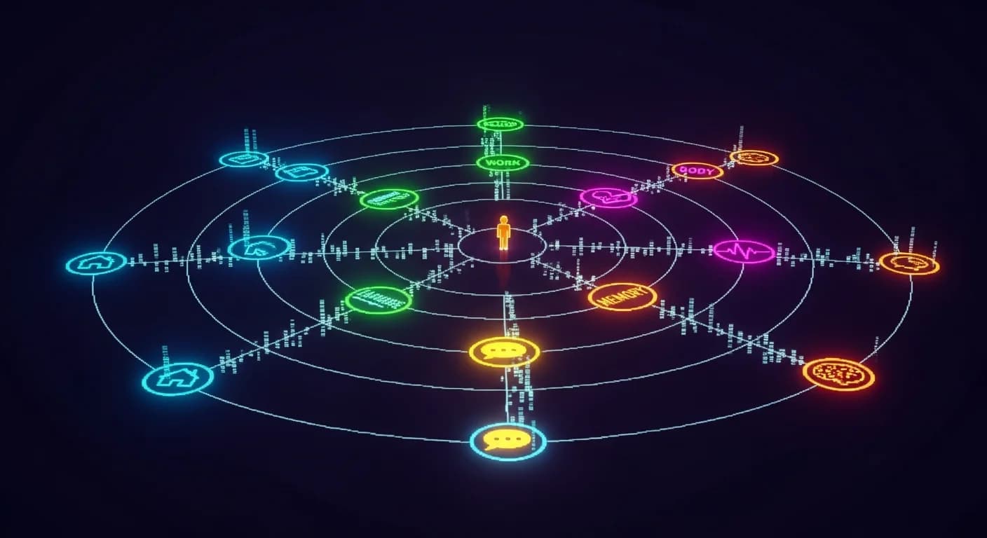 Pixel art top-down view of a glowing human figure at the center of a vast web of connected nodes representing family, work, body, language, and memory
