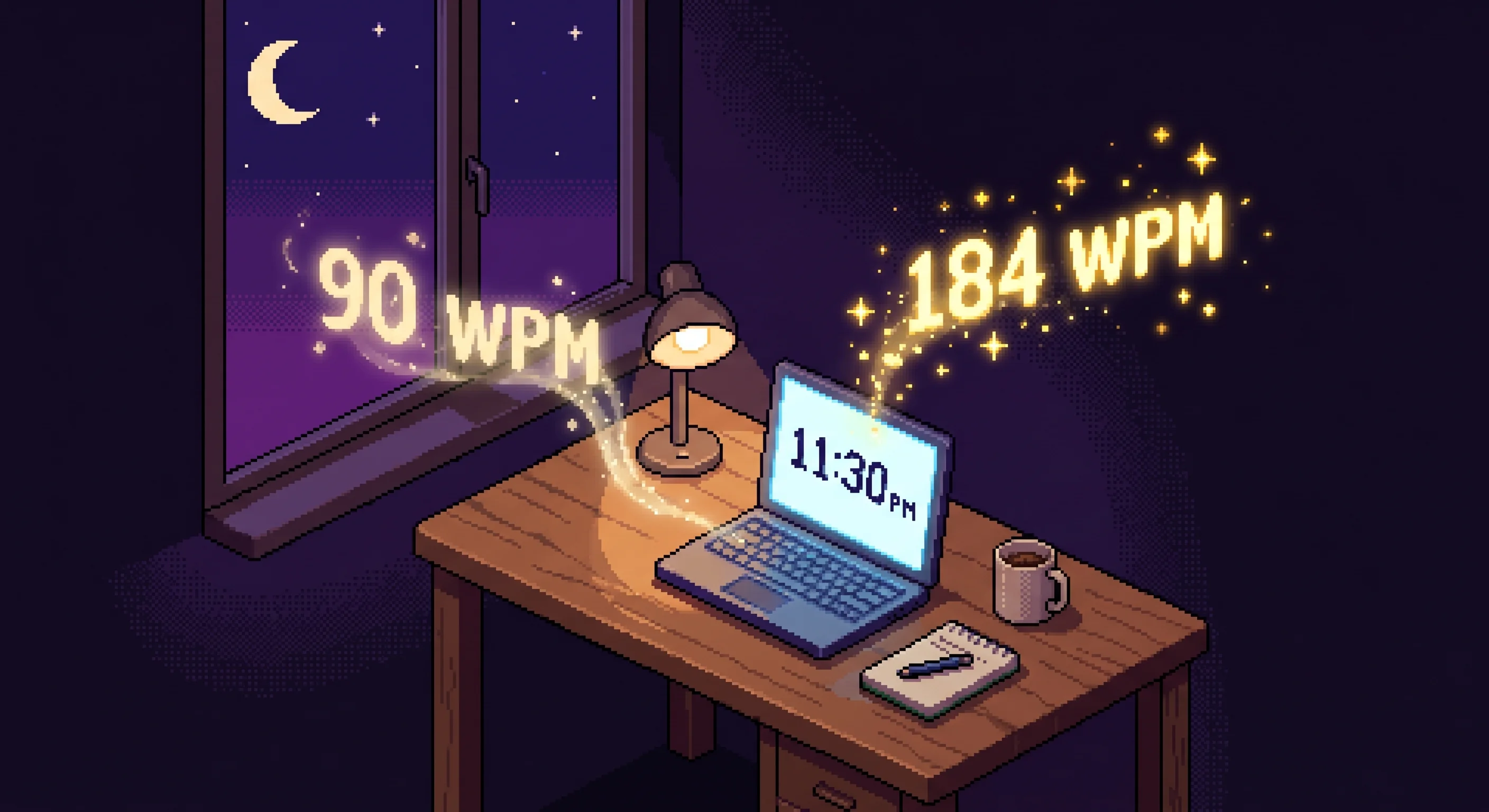 Pixel art desk at night showing 90 WPM vs 184 WPM with golden numbers flowing into a laptop and a clock showing half the time on the right side