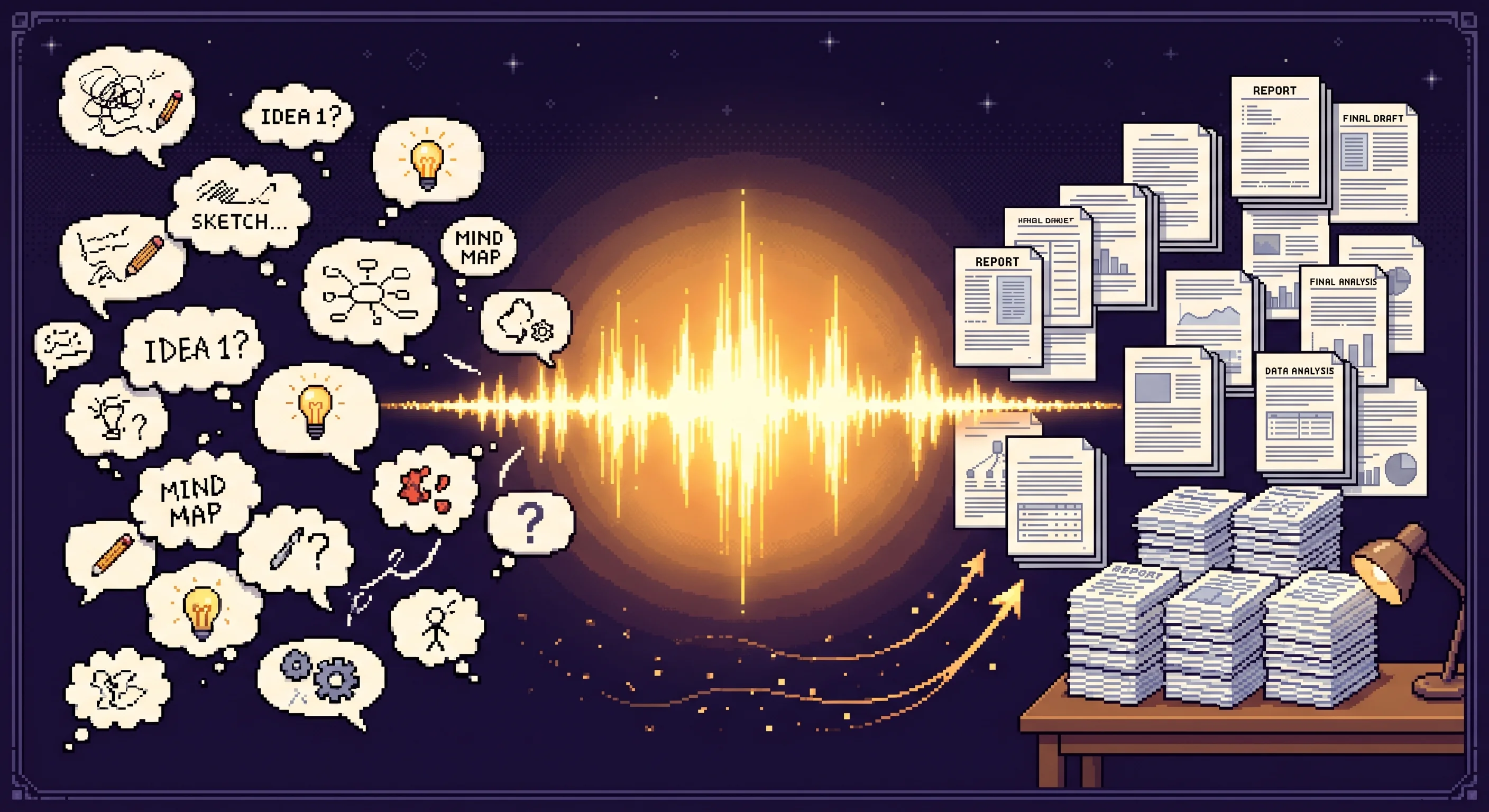 Pixel art of thoughts flowing through a voice waveform into polished documents