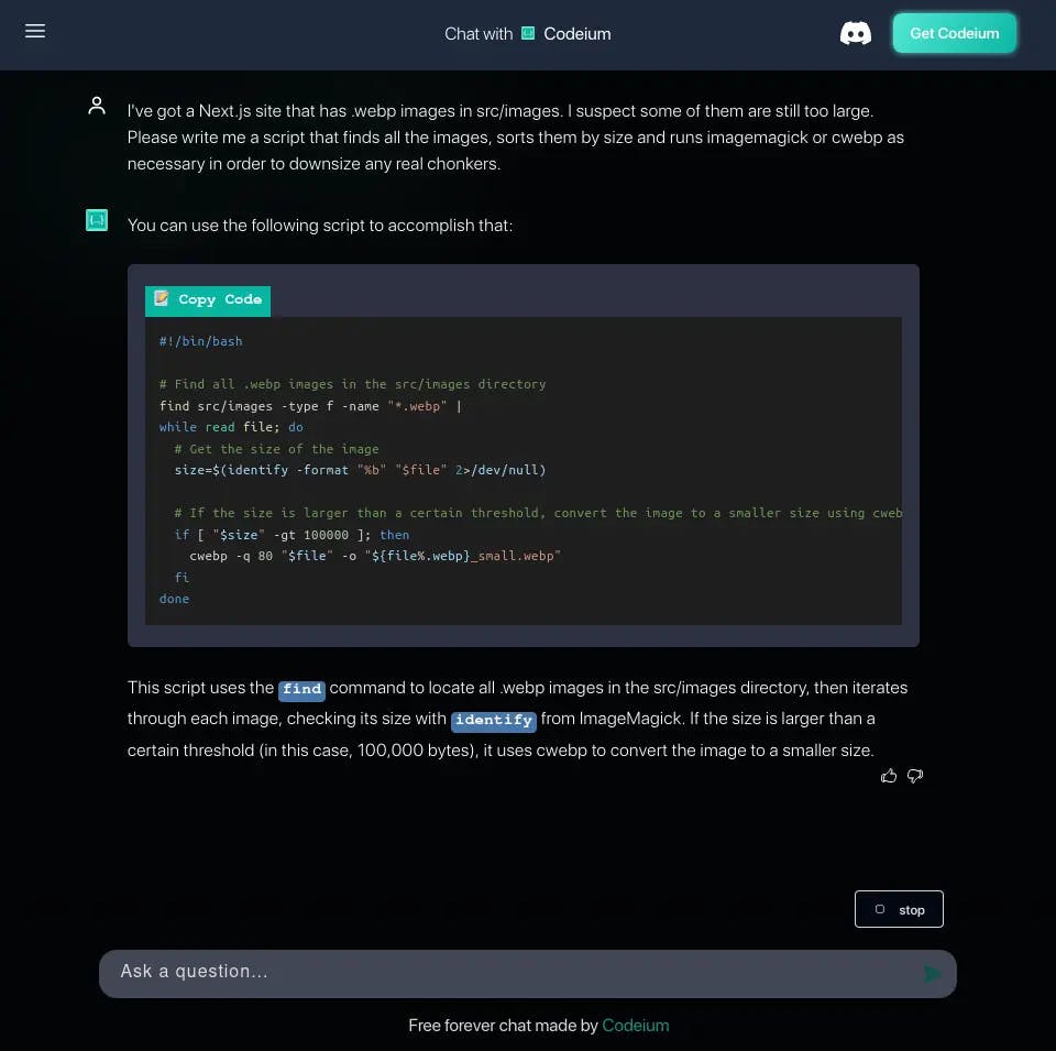 Codeium's free chat interface