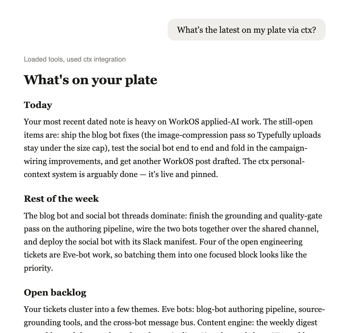 A chat asking 'What's the latest on my plate via ctx?' The reply, titled 'What's on your plate', is organized into Today, Rest of the week, and Open backlog — pulling WorkOS applied-AI work from the vault and tickets: blog bot fixes, social bot testing and campaign wiring, and the Eve-bot authoring pipeline