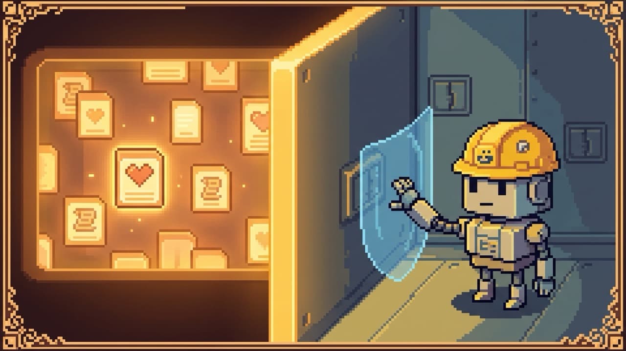 Pixel art: on the left, a warm glowing vault full of personal memory cards including heart cards; a solid wall and a shield barrier separate it from a small robot on the right wearing a work hard-hat, who reaches toward the vault but cannot pass the barrier