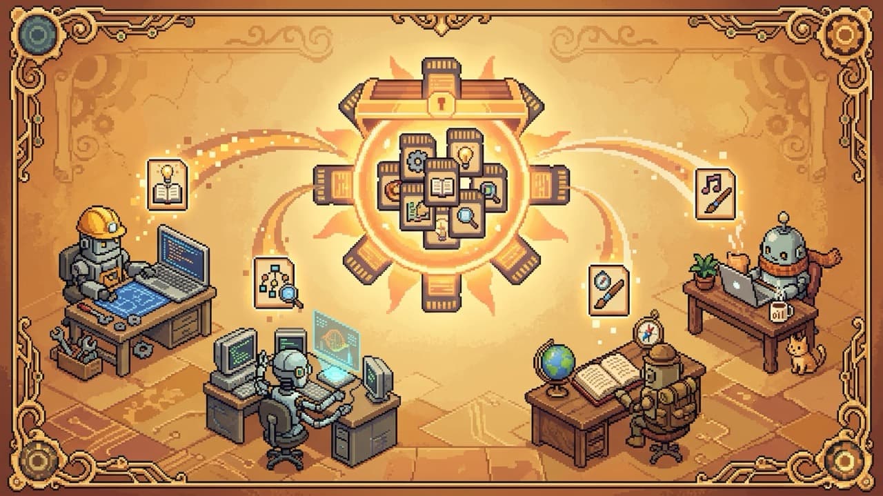 Pixel art: several small robot agents at desks with laptops, on both a work side and a personal side, each sending a glowing learning card along a beam into a single shared central memory vault — showing every coding session writing its findings back into one shared memory
