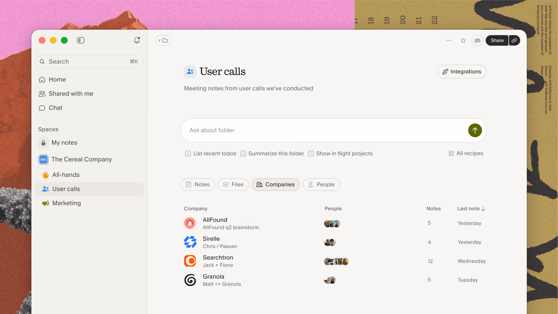 Granola company folder showing notes, people, and shared context