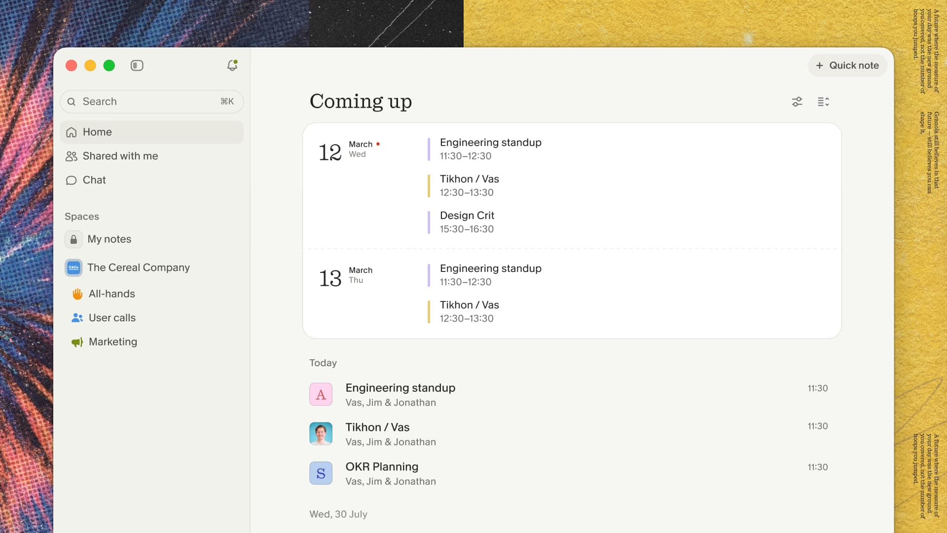 Granola home screen showing upcoming and recent calendar meetings