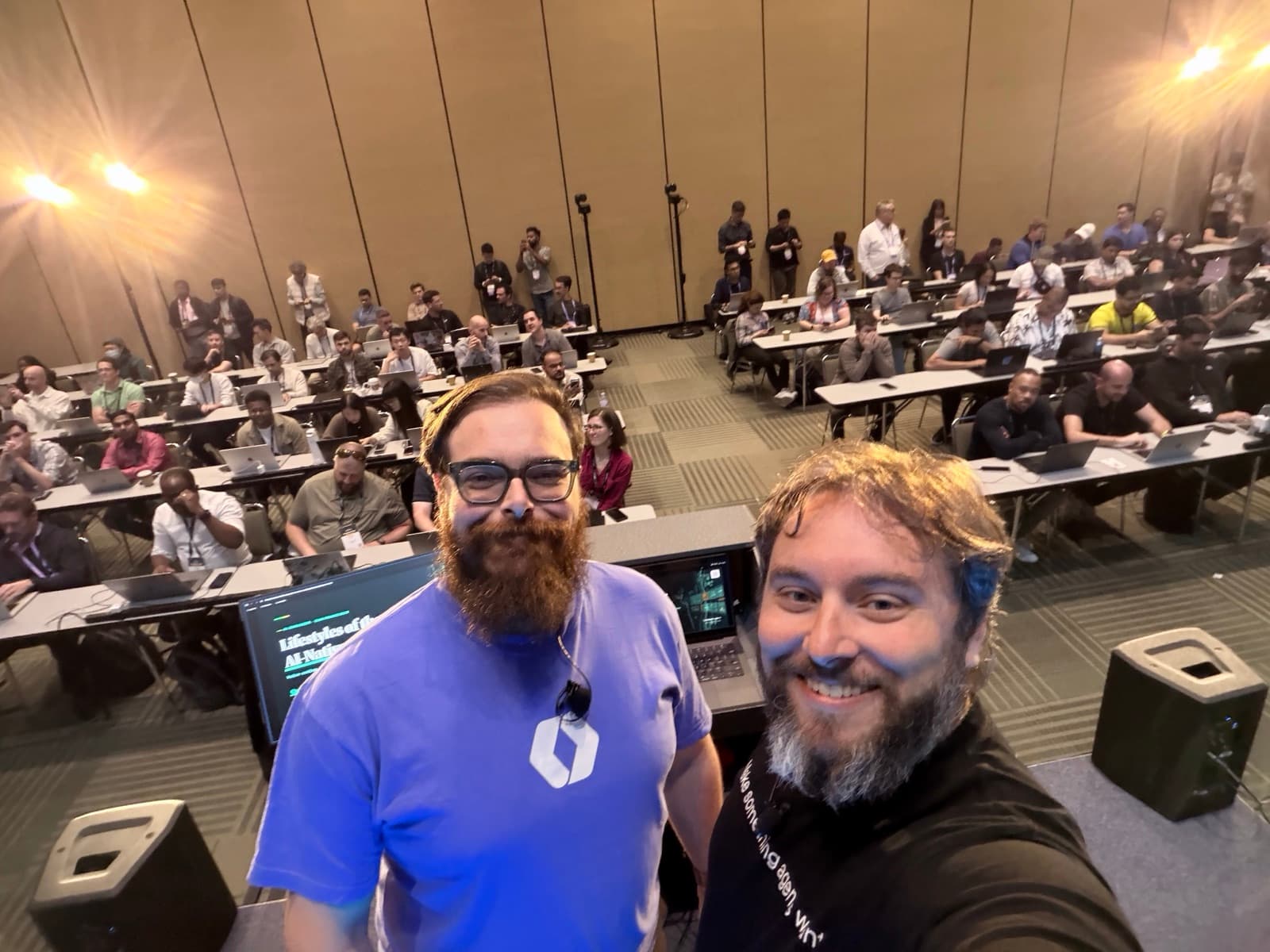 The full workshop room at Moscone West, laptops open, with the Lifestyles of the AI-Native title slide on screen