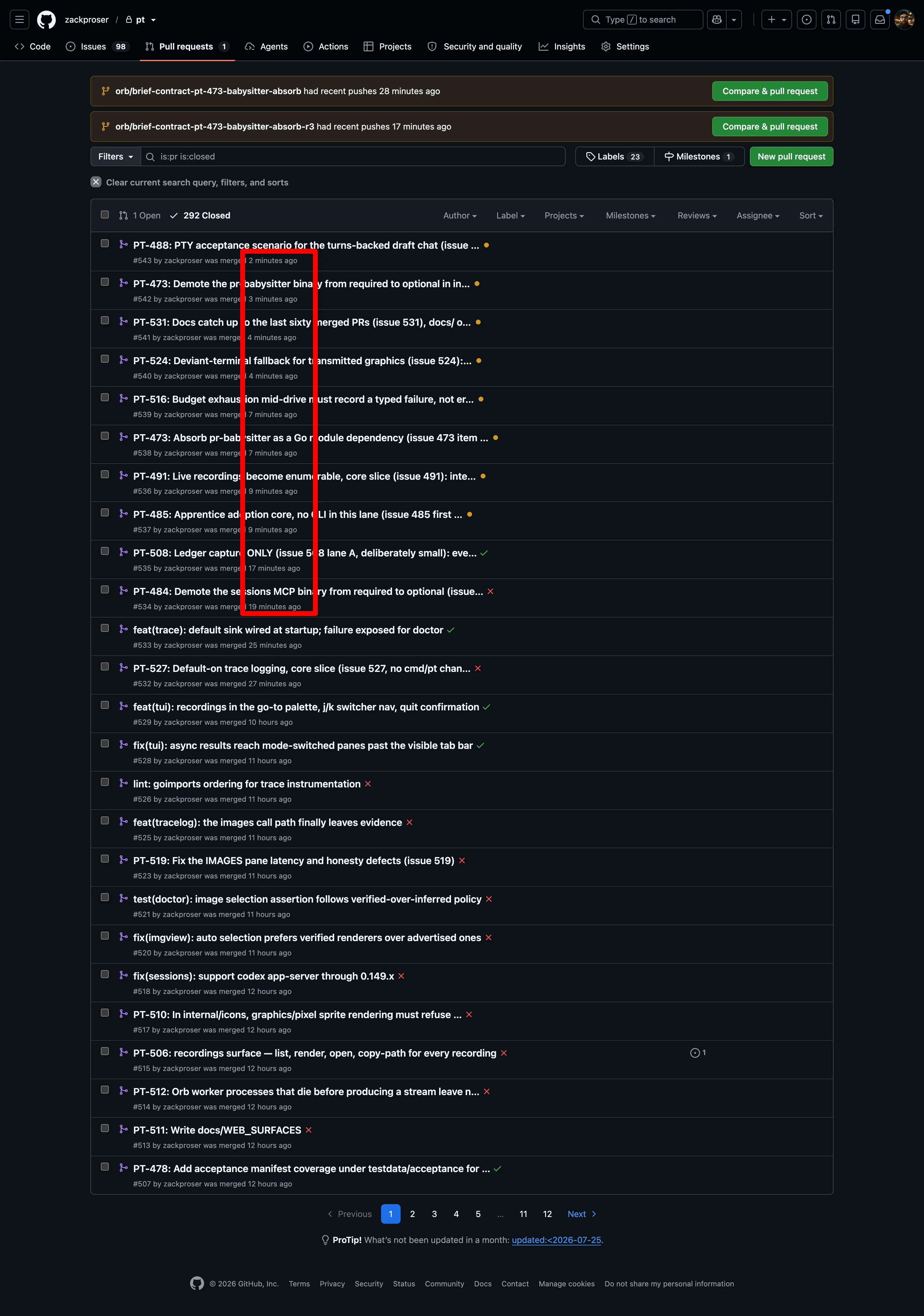 The GitHub pull requests page for zackproser/pt showing 1 open and 292 closed PRs, two orb/brief-contract quarantine branches with recent pushes, and a column of merge timestamps with the top ten pull requests all merged between 2 and 19 minutes ago